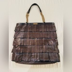 Kate Spade Plisse Priti Pleated Metallic Shimmer Leather Gold Chain Strap Tote